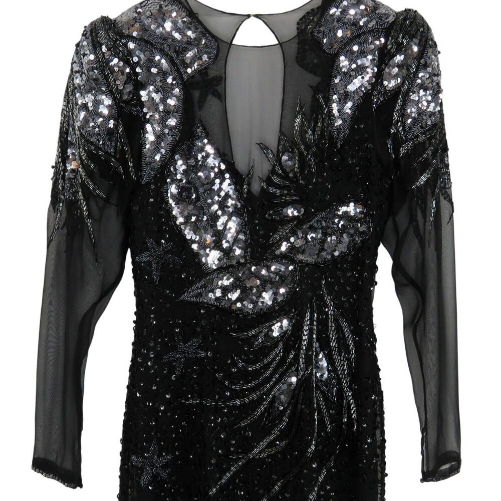 Sava Fashions 1970s Vintage Black Sequin Beaded Long Sleeve Dress Gown Small - Picture 4 of 8